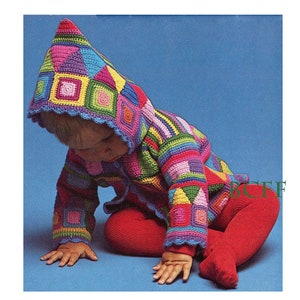 Crochet Pattern - Hooded Baby Cardigan - Jacket - Granny Square Crochet - PDF Crochet Pattern - Vintage 70&#39;s Crochet