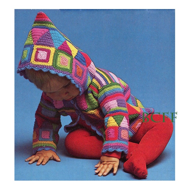 Crochet Pattern - Hooded Baby Cardigan - Jacket - Granny Square Crochet - PDF Crochet Pattern - Vintage 70's Crochet