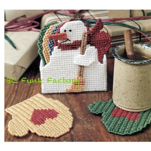 Plastic Canvas Pattern  Christmas Mitten Coasters - Snowman Coaster Holder  Home Decor PC Pattern - Vintage PDF Plastic Canvas Pattern