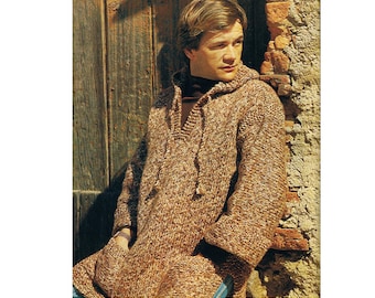 Vintage 1970's Sweater Knitting Pattern Mens Hooded Sweater Tunic Sizes 36  to  42 PDF Knitting Pattern Mens Jumper Knitting PDF Knitting
