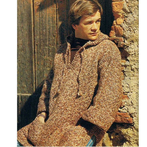 Vintage 1970's Sweater Knitting Pattern Mens Hooded Sweater Tunic Sizes 36  to  42 PDF Knitting Pattern Mens Jumper Knitting PDF Knitting