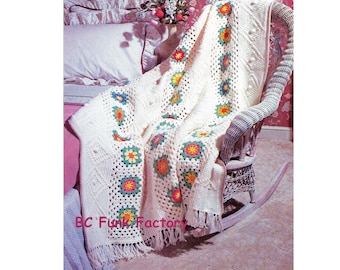 Afghan Crochet Pattern - Home Decor Crochet Granny Square Blanket Pattern Throw - 80's  PDF Crochet Pattern Instant Download