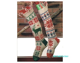 Folk Patterned Knitting Christmas Stockings - Trees - Snowflakes - Reindeer - Scandinavian Motifs Stocking PDF Knitting Pattern