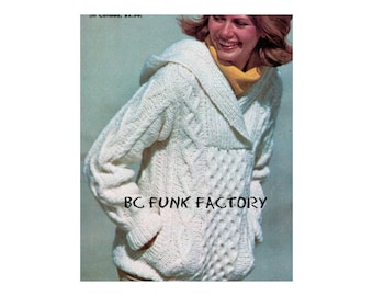 Aran Sweater Knitting Pattern Women&#39;s Hooded Cable Knit Winter Sweater Knitting Pattern Vintage 1970&#39;s Sizes Small - EX Large