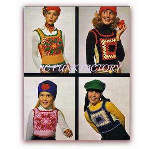 Modello PDF per canotta corta Grandma Square, modello per gilet da donna e da bambina, modello digitale all'uncinetto anni '70, download immediato