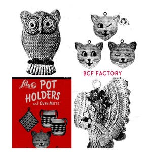Pot Holder Crochet Patterns - 16 Pot Holder Digital Crochet Pattern Cat - Owl - Hat - Pot Holders PDF Crochet Pattern