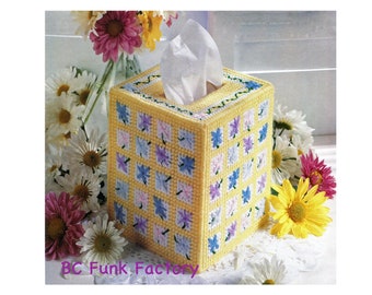 Plastic Canvas Pattern Tissue Box Cover - Vintage Flower Tissue Cover 7 count mesh Pattern - Plastic Canvas PDF Pattern