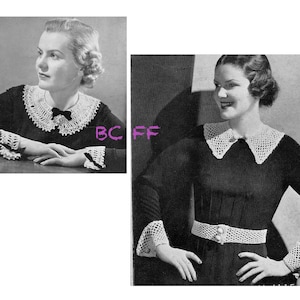 Könnte beinhalten: Zwei Frauen in schwarzen Kleidern mit weißen Häkelkragen und -manschetten. Die Kragen sind breit und haben einen gewellten Rand. Die Manschetten sind schmal und haben ein schlichtes Design.