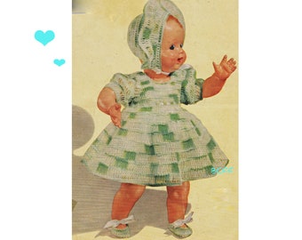 Crochet Doll Dress PATTERN Vintage 1950's  for 15" Doll - Dress - Bonnet and Slippers PDF Crochet Pattern Instant Download