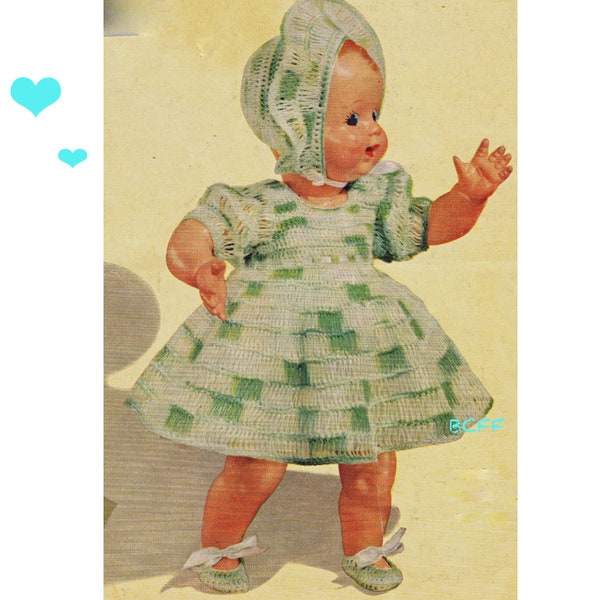 Crochet Doll Dress PATTERN Vintage 1950's  for 15" Doll - Dress - Bonnet and Slippers PDF Crochet Pattern Instant Download