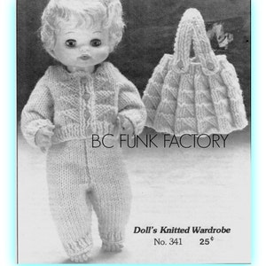 May include: Black and white photo of a knitted doll outfit. The outfit includes a cardigan, pants, and a matching dress with straps. The text "Doll's Knitted Wardrobe No. 341 25¢" is printed below the doll.