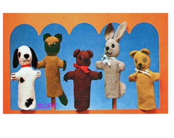 Crochet Pattern Hand Puppets Pattern  Dog - Bunny - Bear - Cat - Racoon Vintage Childs Toys Crochet Pattern PDF