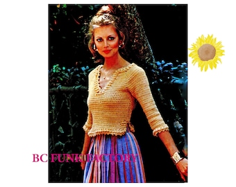 Padrão de crochê para blusa feminina estilo vintage dos anos 70 - Modelo em inglês para imprimir