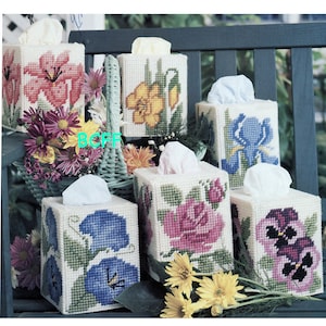 Plastic Canvas Flower Tissue Box Covers - Vintage Flower Patterns - PDF Plastic Canvas Pattern - 7 Mesh Pattern