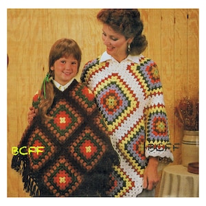 Granny Square Poncho Crochet Pattern - Women Girls Vintage 80&#39;s  Retro Poncho PDF Crochet Pattern