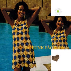 May include: A crochet dress with a geometric pattern in yellow, blue, and white. The dress has a sleeveless design and a scalloped hem.