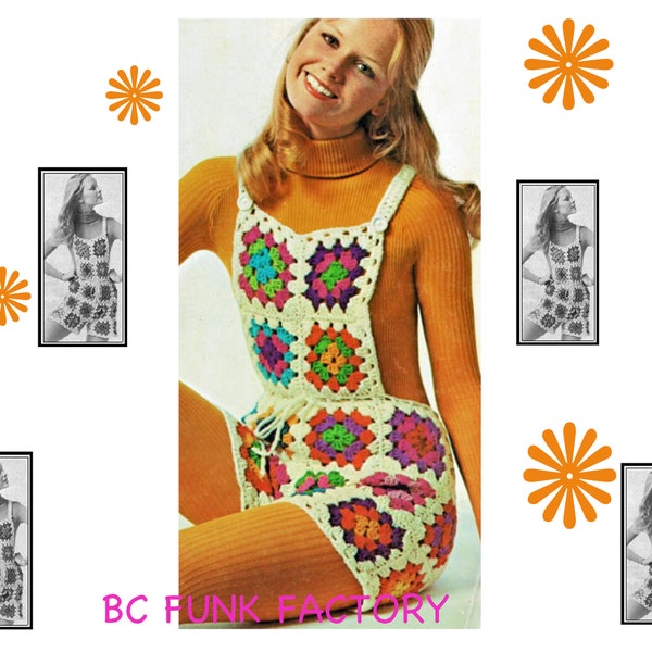 Granny Square Pattern Womens Shortalls - Crochet Pattern Hot Pants -  1970's Retro Boho Overall Shorts - PDF Crochet Pattern