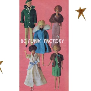 May include: Five dolls wearing knitted clothing. The dolls are wearing a green jacket, a blue sweater, a brown sweater, a pink dress, and a white dress. The dolls are standing on a pink background. The text "BC FUNK FACTORY" is printed on the background.