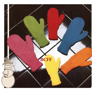 May include: A collection of six knitted mittens in various colors: pink, green, red, blue, yellow, and orange. The mittens are arranged on a black and white checkered surface. The image includes a snowman graphic and the letters "BCFF".