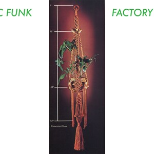 Könnte beinhalten: Ein brauner Makramee-Pflanzenhänger mit einer grünen Pflanze darin. Der Hänger ist 145 cm lang und hat eine Quaste am unteren Ende. Das Bild enthält den Text "BC FUNK FACTORY".