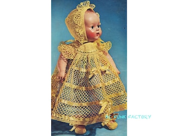 Crochet Doll Clothes Pattern Christening Party Dress Pattern For 15" Doll - Dress - Bonnet & Slippers PDF Crochet Pattern Vintage 1950's