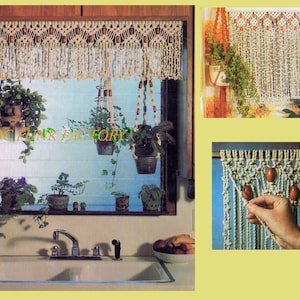 May include: A macrame window valance and curtain featuring off-white knotted cord with integrated brown wooden beads. The design includes a decorative fringe and geometric patterns. The text BC FUNK FACTORY is visible across the window area.