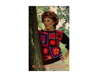 Crochet Women Sweater Granny Square Topper - Vintage 70's Ladies Top Jumper Crochet English Printable Pattern