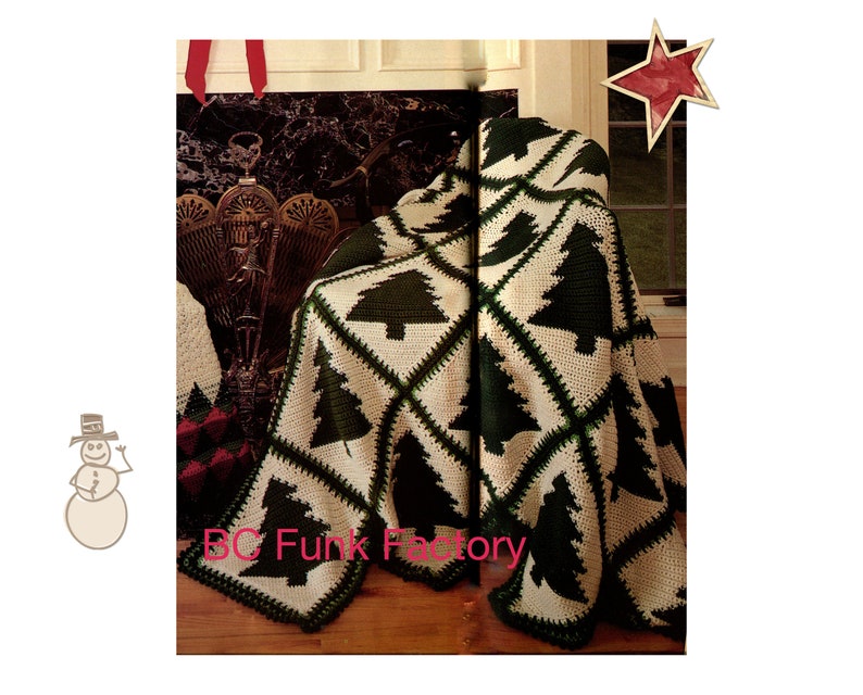 May include: A cream-colored crocheted blanket with a repeating pattern of dark green Christmas trees. The blanket is draped over a chair. The text "BC Funk Factory" is visible.