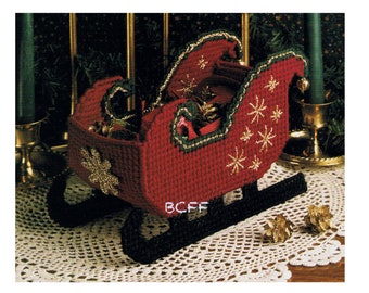 Plastic Canvas - Christmas Sleigh Holiday Decor - Xmas Candy Holder - Vintage PDF Plastic Canvas Pattern