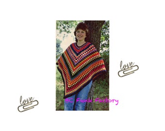 Crochet Pattern Womens - Girls Granny Square Poncho Vintage 80's Granny Square Crochet Pattern PDF