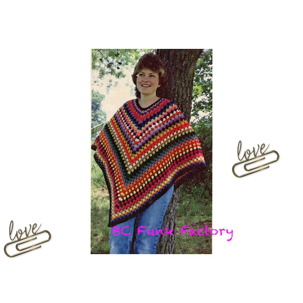 Crochet Pattern Womens - Girls Granny Square Poncho Vintage 80's Granny Square Crochet Pattern PDF