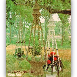 May include: Three macrame plant hangers with different sized pots and plants hanging from a tree branch. The hangers are made of natural rope and have a white, cream, and brown colour scheme. The text "BC FUNK FACTORY Illuma Table" is visible at the bottom of the image.