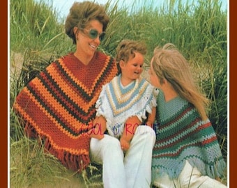 Vintage Crochet Poncho Pattern 1970's Retro Poncho for Women - Girl - Toddler - 3 Sizes included - PDF Crochet Pattern Instant Download