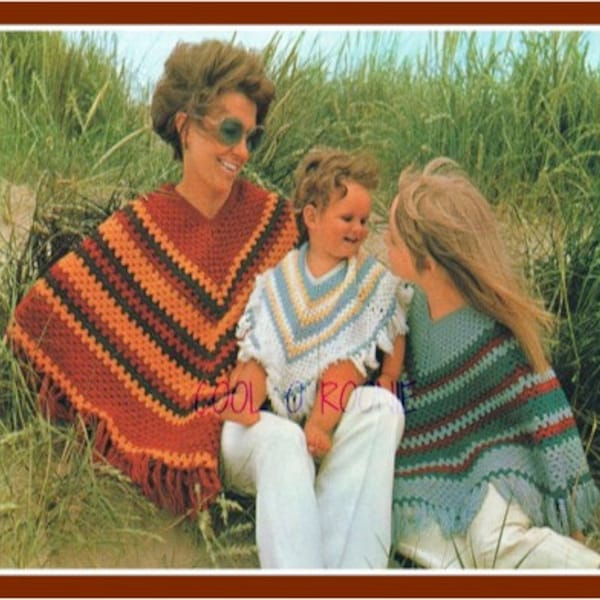 Poncho rétro au crochet vintage des années 1970 pour femme - fille - tout-petit - 3 tailles incluses - motif au crochet PDF téléchargement immédiat