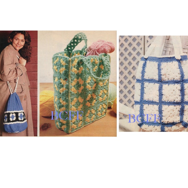 Crochet Pattern Granny Square Tote Bags - Grocery Bag - Carry All - Vintage Bags Crochet Pattern PDF