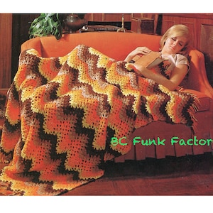 May include: A crocheted throw blanket with a chevron pattern in shades of brown, orange, and yellow. The blanket is draped over a couch with a woman sleeping on it. The text "BC Funk Factory" is visible in the lower right corner of the image.