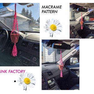 May include: A pink macrame plant hanger with a small terracotta pot hanging from the rearview mirror of a car. The image includes the text "MACRAME PATTERN" and "BC FUNK FACTORY".