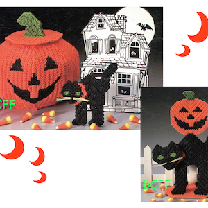 Vintage Plastic Canvas Pattern  Pumpkin Black Cat Pattern  PDF Plastic Canvas Pattern