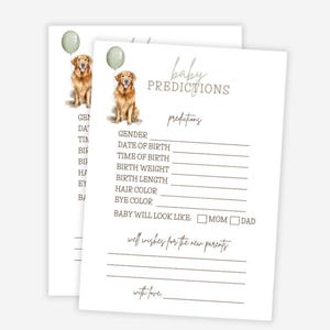 Golden retriever-babyshower gamekaart, neutrale kleur, groene ballon, babyvoorspelling afdrukbare gamekaart, baby giswerk, goede wensen
