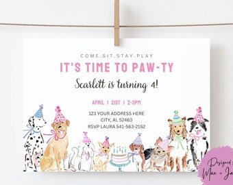 Puede incluir: Una invitación de cumpleaños rosa y blanca con una ilustración de acuarela de perros con sombreros de fiesta. El texto dice "Come. Sit. Stay. Play. It's Time to Paw-ty! Scarlett is turning 4! April 1 21st 1 2-3PM 123 Your Address Here City, AL 52463 RSVP Laura 541-563-2152 Designed by Mae-James"