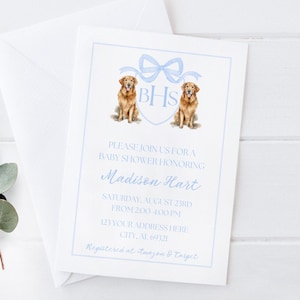 Golden Retriever Baby Shower Invitation, Blue Bow Crest, Baby Boy, Baby Shower Invite, Puppy Theme Shower, Dog Theme Baby Shower, Digital