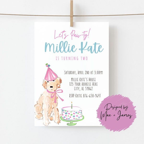 Let's Pawty Birthday Invitation, Goldendoodle, Editable Template, Dog Birthday Party, Pink, Girly, Birthday Puppy, Labradoodle, Printable