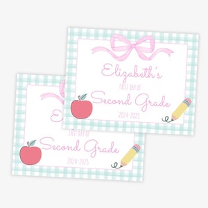 My First Day School Sign, First Day of School Sign, Last Day of School Sign, Printable School Sign, Pink Bow, Mint Gingham, Preschool, Girls