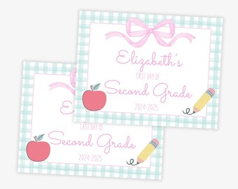 May include: Two printable signs with a blue and white gingham pattern. The top sign says "Elizabeth's First Day of Second Grade 2024-2025" with a pink bow, a red apple, and a yellow pencil. The bottom sign says "Last Day of Second Grade 2024-2025" with a red apple and a yellow pencil.
