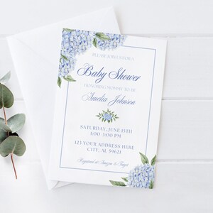 Hydrangea Baby Shower Invitation, Blue Hydrangea Flowers, Baby Shower Invite, Blue Floral, Watercolor, Baby Boy Shower, Digital Download