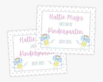May include: Two pink and white polka dot signs with blue ribbons and pencils. The top sign says "Hattie May's First Day of Kindergarten 2024-2025". The bottom sign says "Hattie Last Kindergarten 2024-2025".