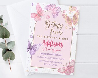Butterfly Birthday Invitation, Butterfly kisses and birthday wishes, Digital Download, Printable Invitations, Girl Butterfly Birthday Party