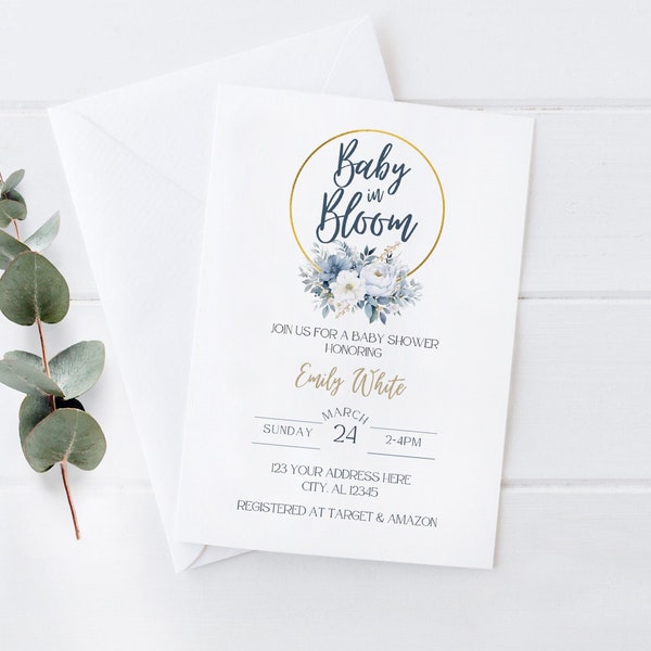 Baby In Bloom Dusty Blue Floral Baby Shower Invitation, Spring Baby Shower Invite, Blue Baby Shower Invitation, Digital Download, Printable