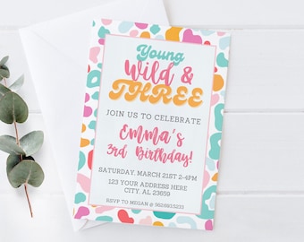 Young Wild and Three Birthday Invitation, Cheetah Print, Leopard Print, Animal Print, Colorful Birthday Invitation, Girl Birthday Invite