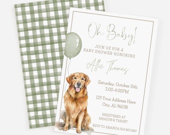 May include: A baby shower invitation with a green gingham background. The invitation features a watercolor illustration of a golden retriever puppy with a green balloon. The text reads "Oh Baby! Join us for a baby shower honoring Allie Thomas. Saturday, October 15th 2:00-4:00PM 123 Your Address Here City, AL 96538 Registered at Amazon & Target RSVP to Amanda 554.369.1463"